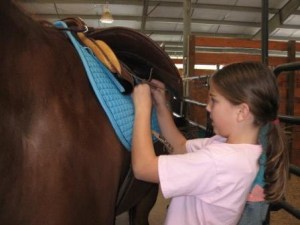 Hallie saddling Jazz